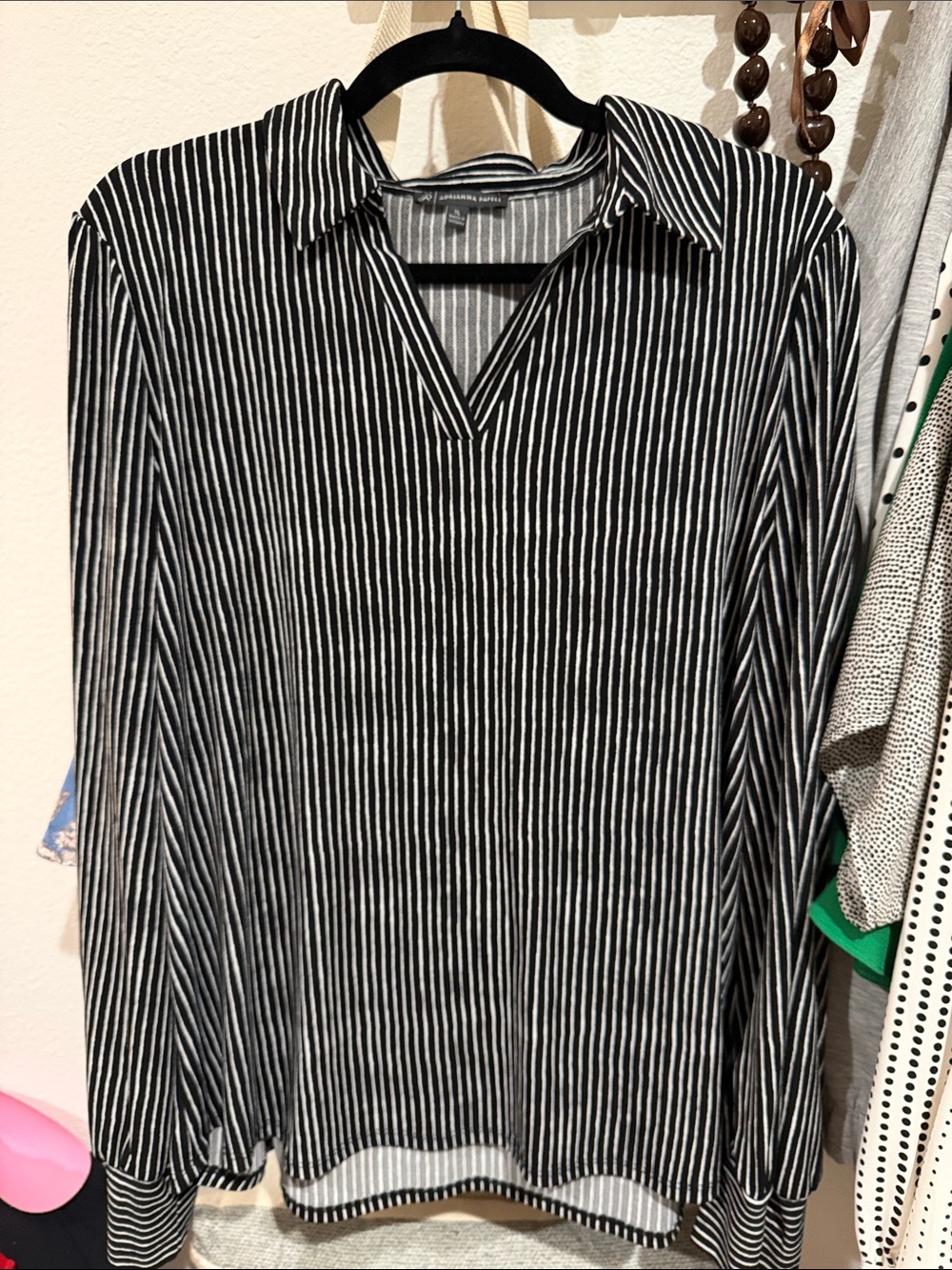 Adrianna Papell Black and White Striped V-Neck Blouse